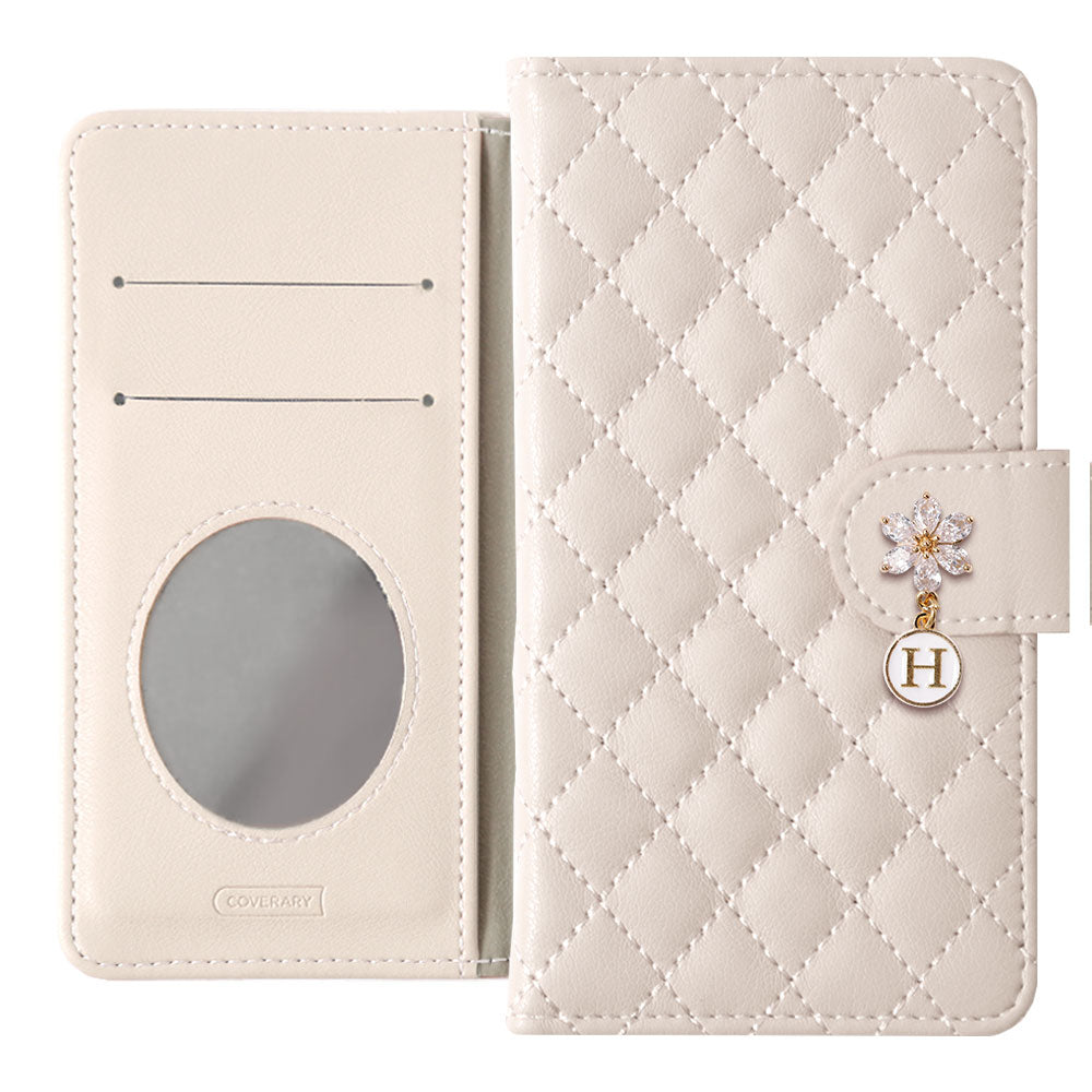 キルティング ミラー付き フラワーイニシャルチャーム 手帳型ケース
