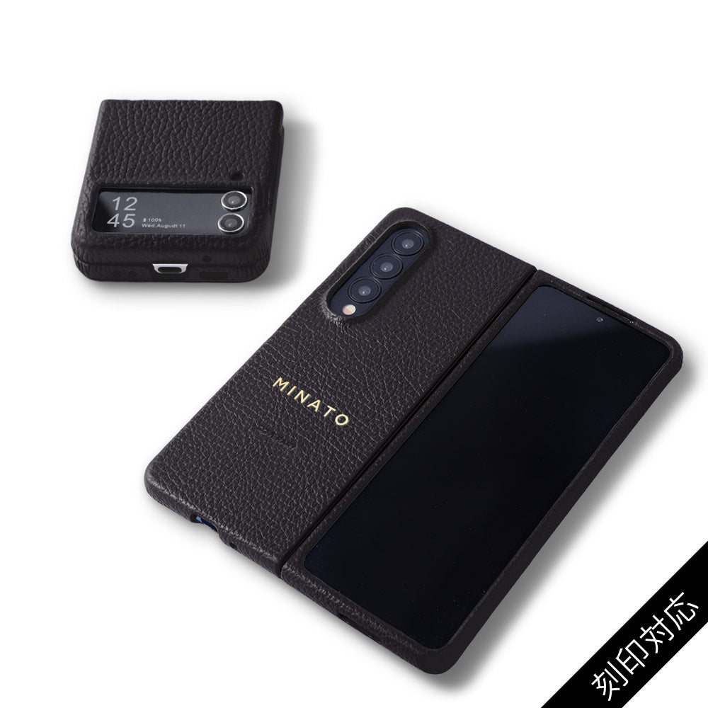 黒いスマートフォン ケース付き Samsung Galaxy Z Flip/Fold対応 本革 32色 イタリアンシュリンク