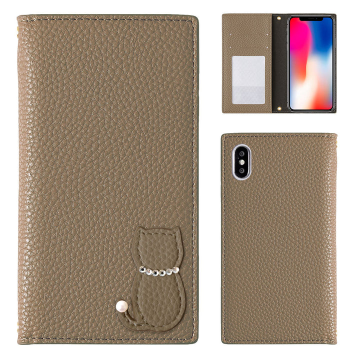 Vegan leather dusty color cat motif folio case iPhone series