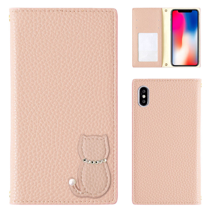 Étui portefeuille motif chat en cuir végan couleur poussiéreuse pour la série Xperia