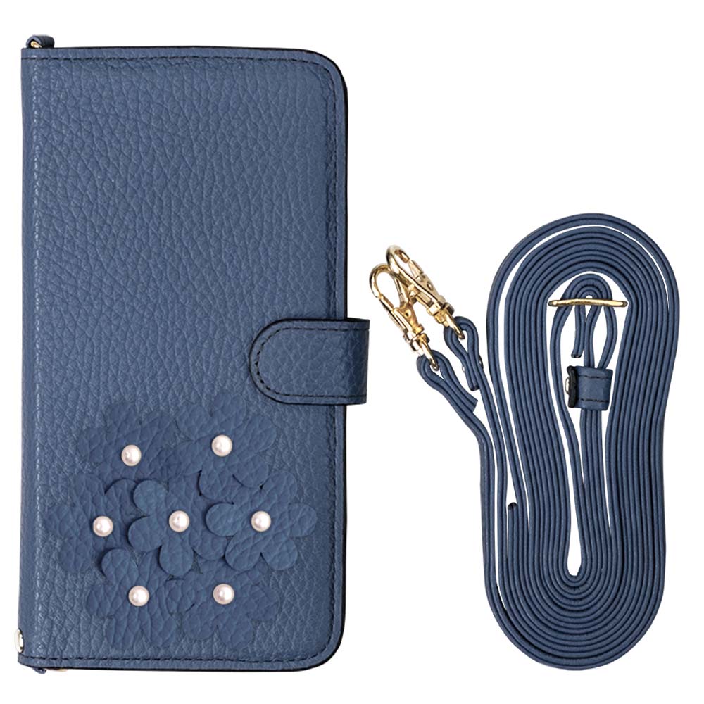 本革 32色 イタリアンシュリンクレザー あじさいモチーフ フラワーデコ ショルダーストラップ付き 手帳型ケース（ベルトあり）