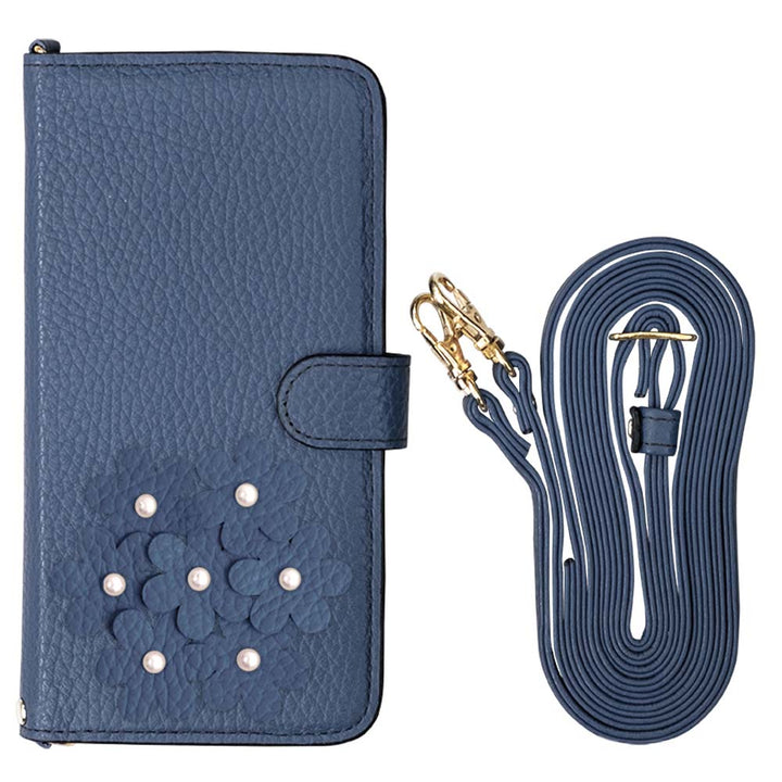 本革 32色 イタリアンシュリンクレザー あじさいモチーフ フラワーデコ ショルダーストラップ付き 手帳型ケース（ベルトあり）