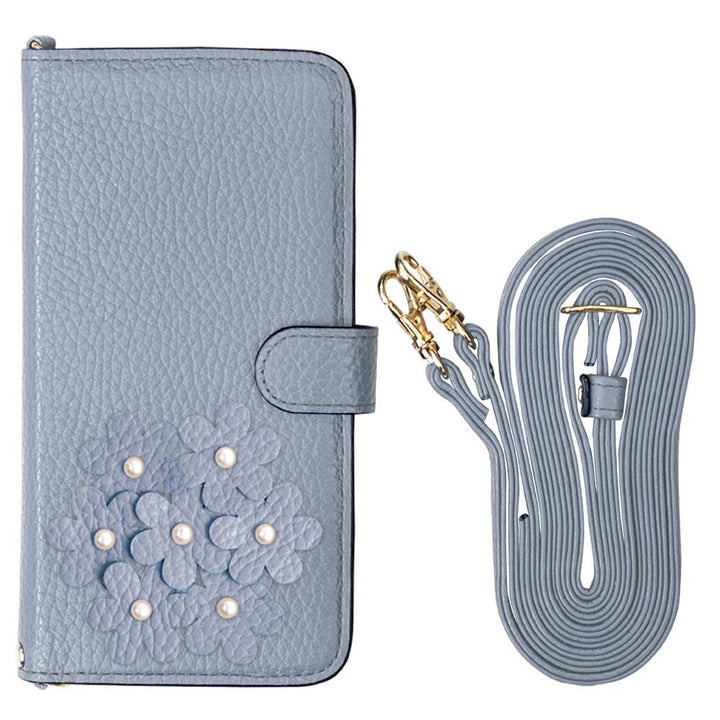 本革 32色 イタリアンシュリンクレザー あじさいモチーフ フラワーデコ ショルダーストラップ付き 手帳型ケース（ベルトあり）