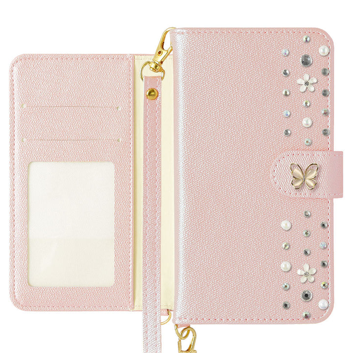 Vegan leather pearl color butterfly line deco strap attached folio case for iPhone series