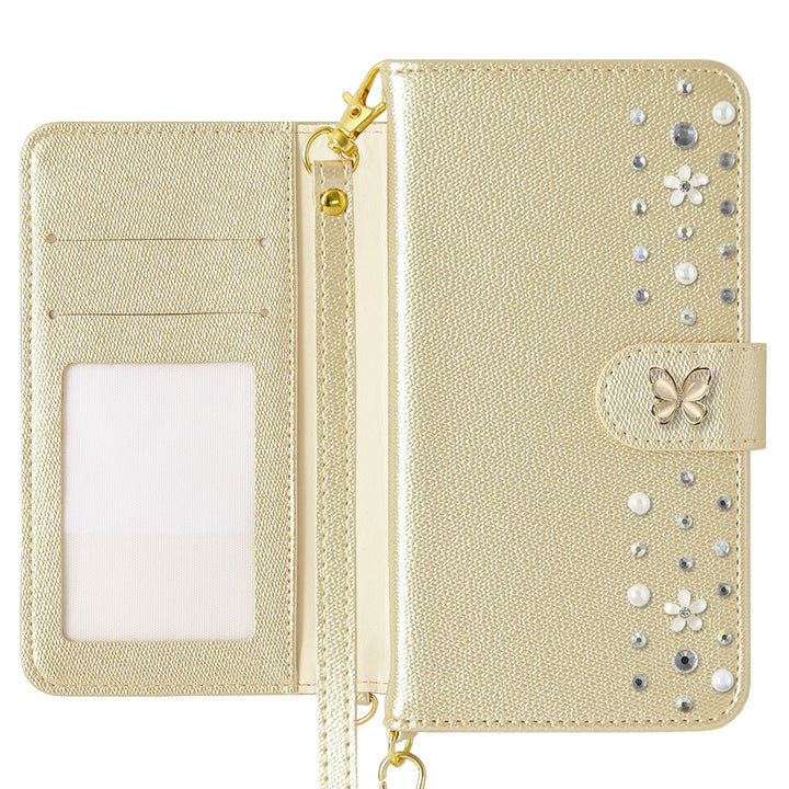 Vegan leather pearl color butterfly line deco strap attached notebook-style case