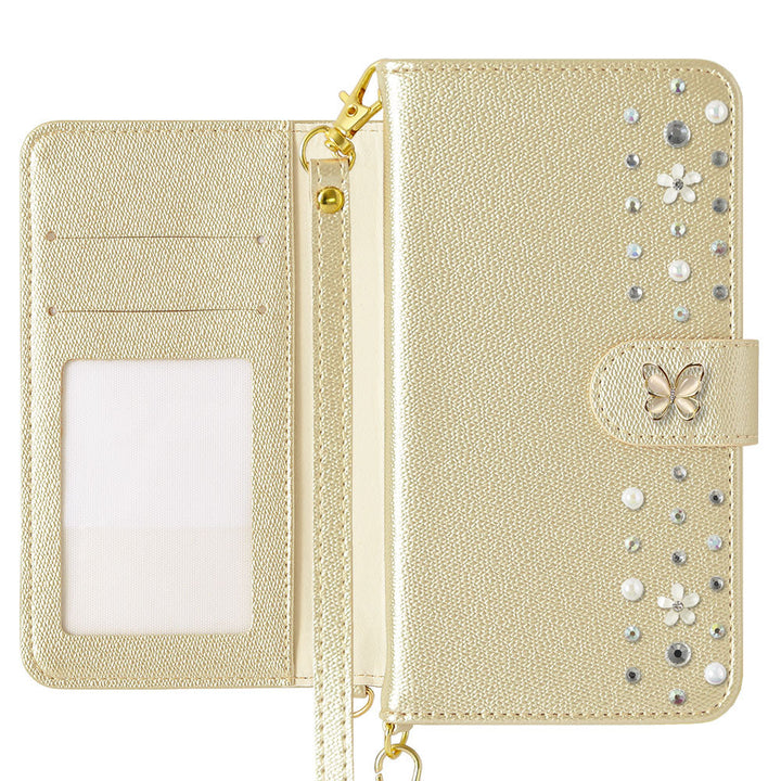 Vegan leather pearl color butterfly line deco strap attached notebook-style case AQUOS series