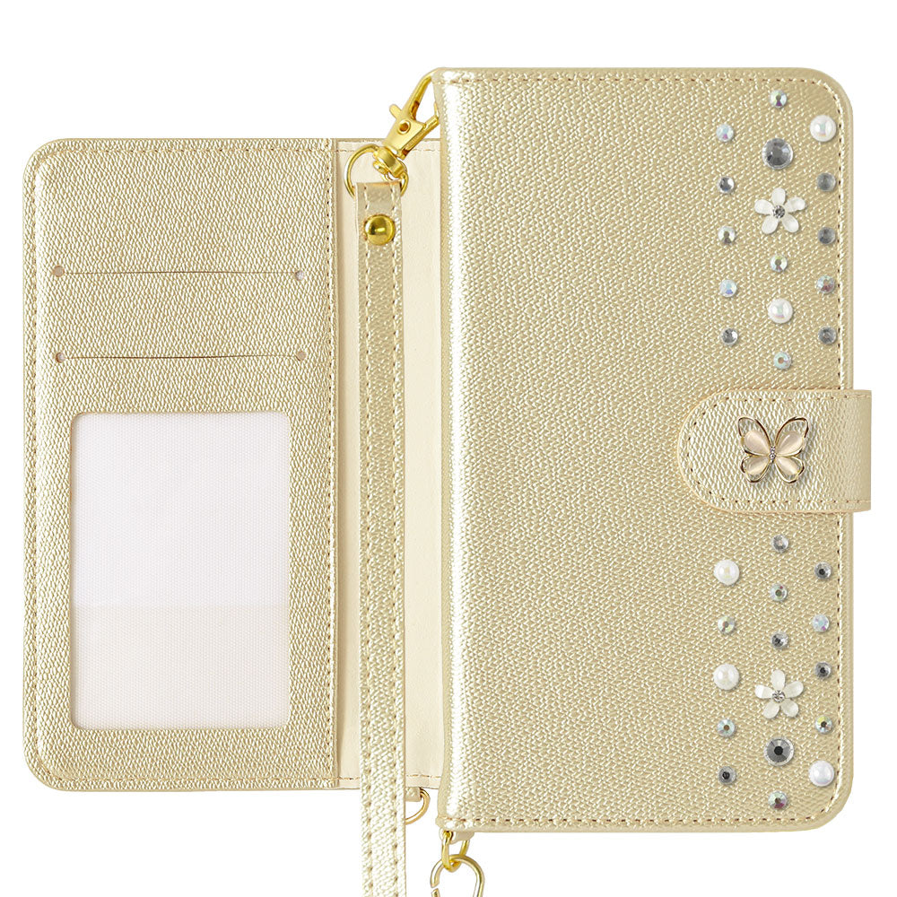 Vegan leather pearl color butterfly line deco strap attached folio case for iPhone series