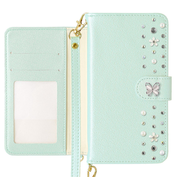 Vegan leather pearl color butterfly line deco strap attached notebook-style case AQUOS series