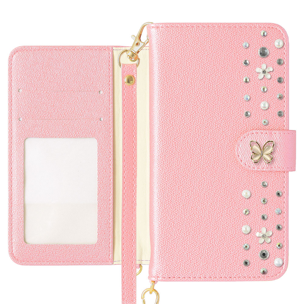 Vegan leather pearl color butterfly line deco strap attached notebook-style case AQUOS series