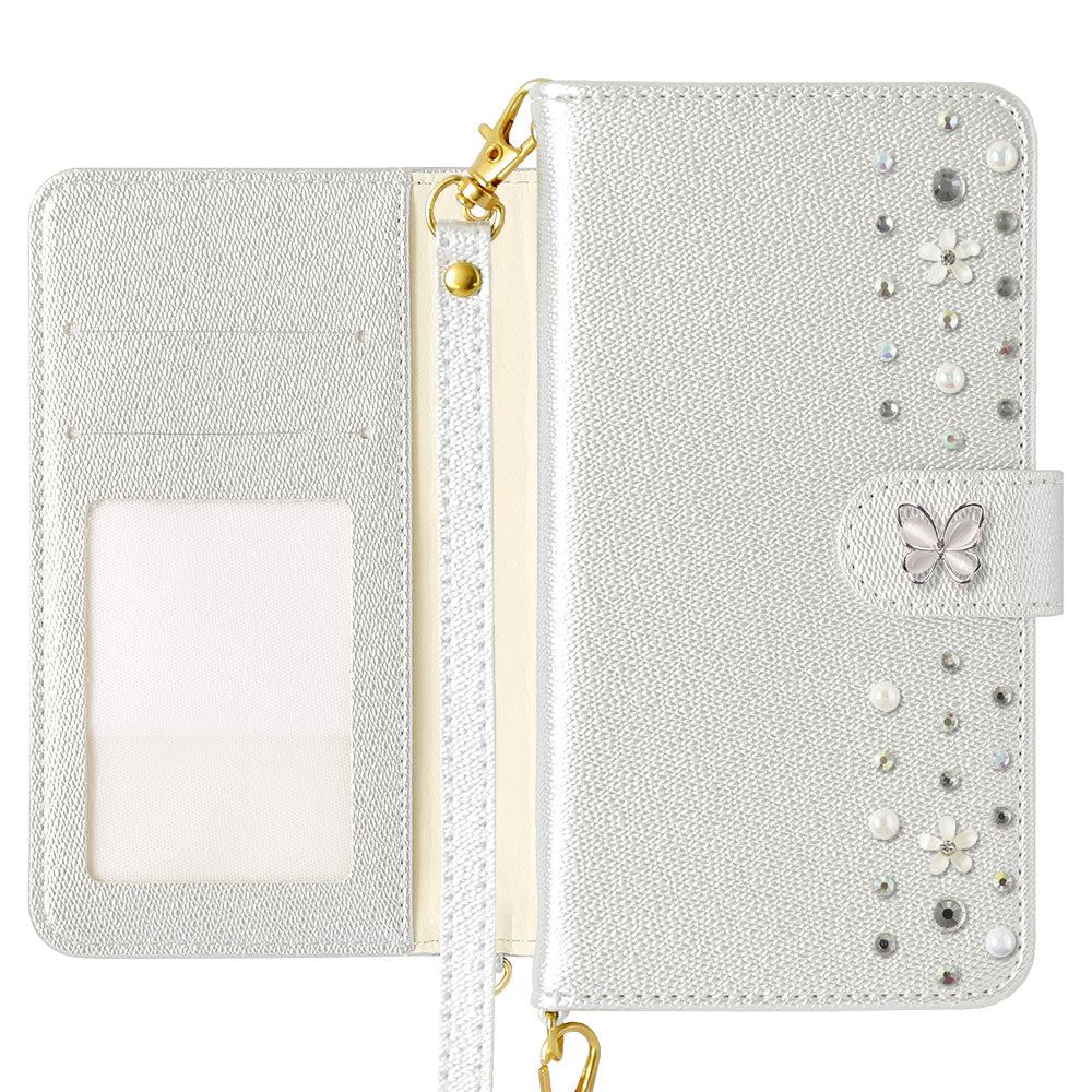 Vegan leather pearl color butterfly line deco strap attached notebook-style case AQUOS series