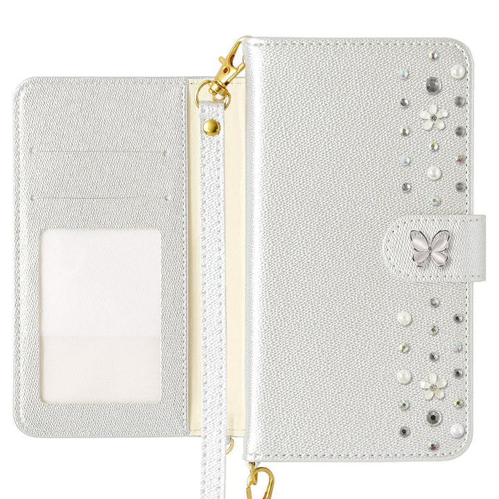 Vegan leather pearl color butterfly line deco strap attached notebook-style case AQUOS series