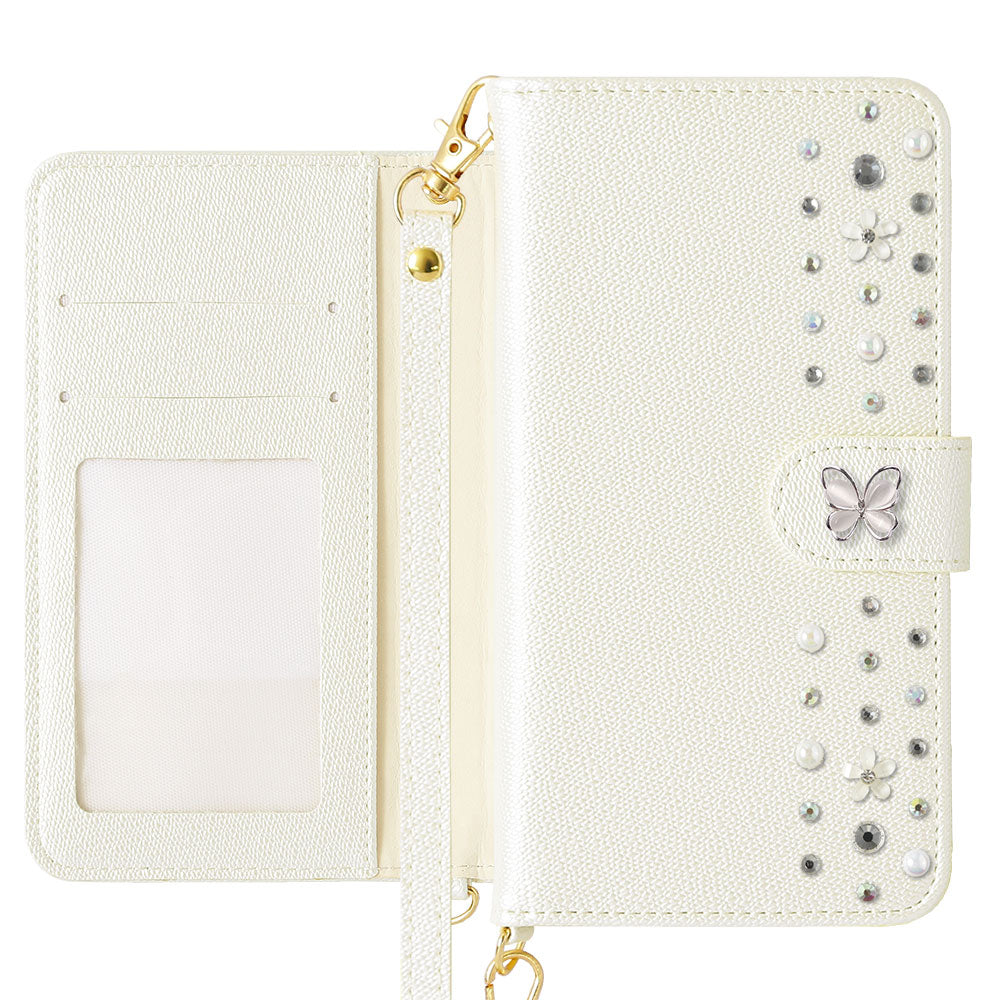 Vegan leather pearl color butterfly line deco strap attached folio case for iPhone series