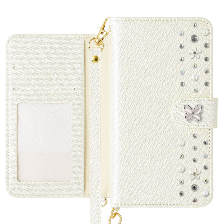 Vegan leather pearl color butterfly line deco strap attached notebook-style case AQUOS series