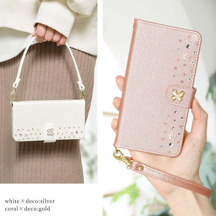 Vegan leather pearl color butterfly line deco strap attached notebook-style case AQUOS series