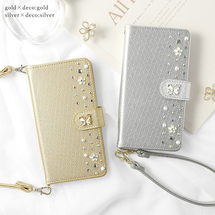 Vegan leather pearl color butterfly line deco strap attached notebook-style case