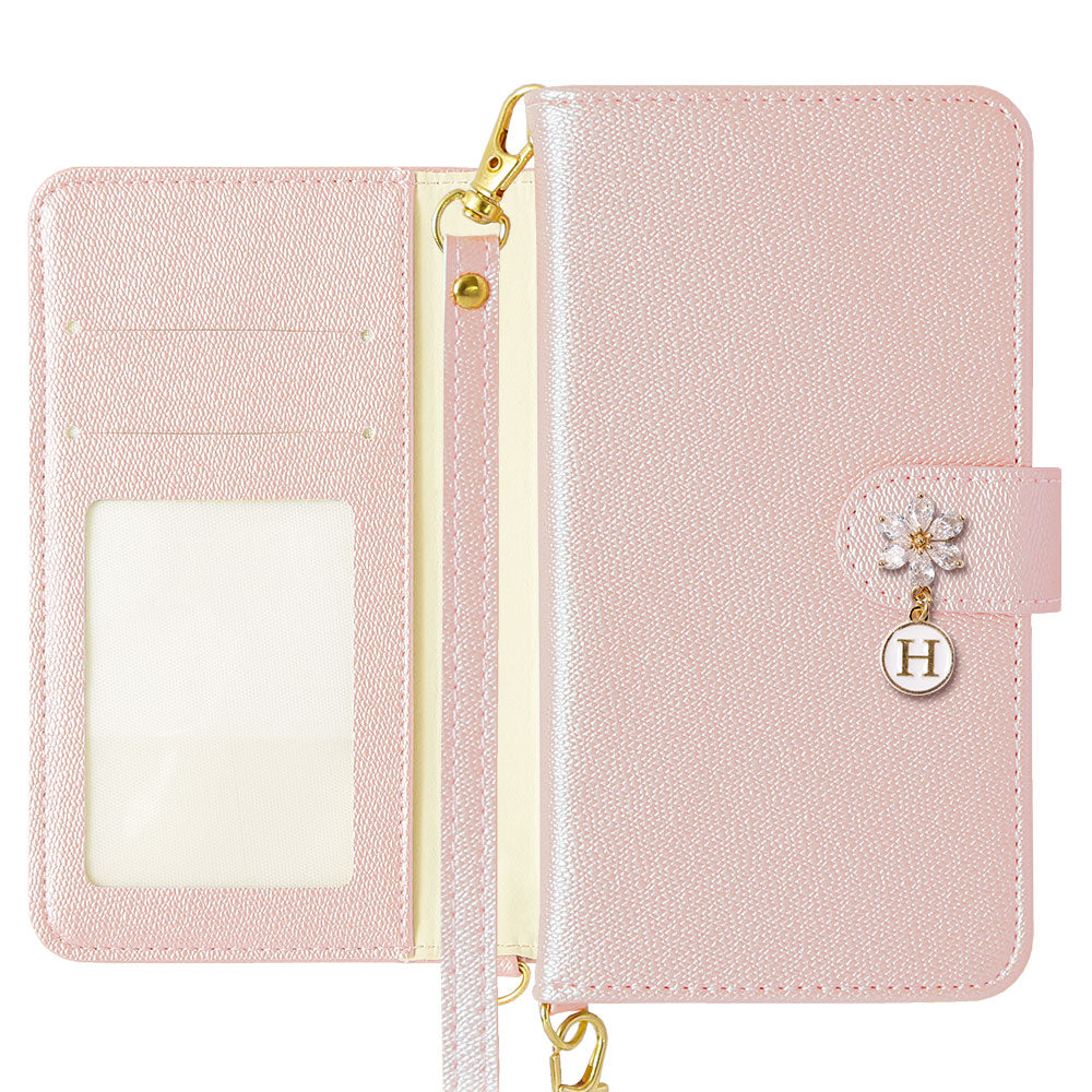 Étui portefeuille avec sangle, breloque initiale fleur en cuir végan couleur perle