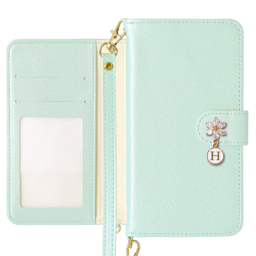 Étui portefeuille avec sangle, breloque initiale fleur en cuir végan couleur perle