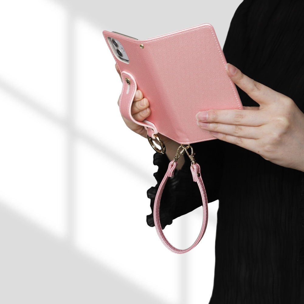 Vegan leather pearl color hand belt with strap notebook type case