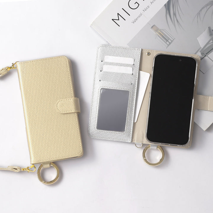 Vegan leather pearl color hand belt with strap notebook type case