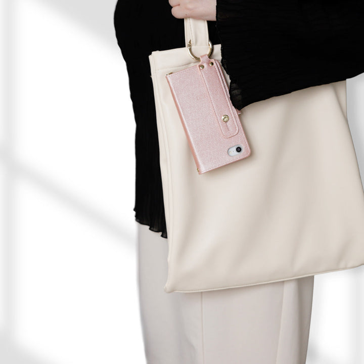 Vegan leather pearl color hand belt with strap notebook type case