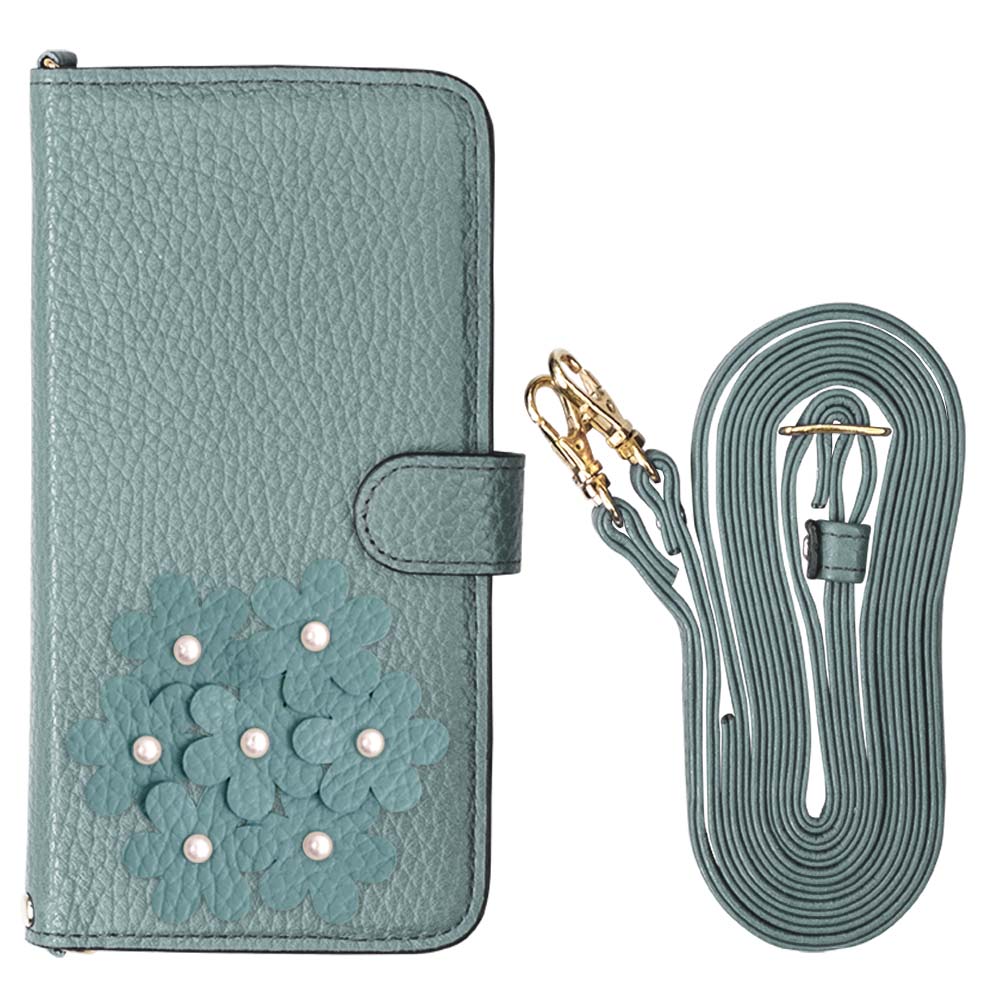 本革 32色 イタリアンシュリンクレザー あじさいモチーフ フラワーデコ ショルダーストラップ付き 手帳型ケース（ベルトあり）