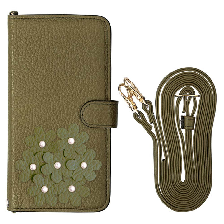 本革 32色 イタリアンシュリンクレザー あじさいモチーフ フラワーデコ ショルダーストラップ付き 手帳型ケース（ベルトあり）