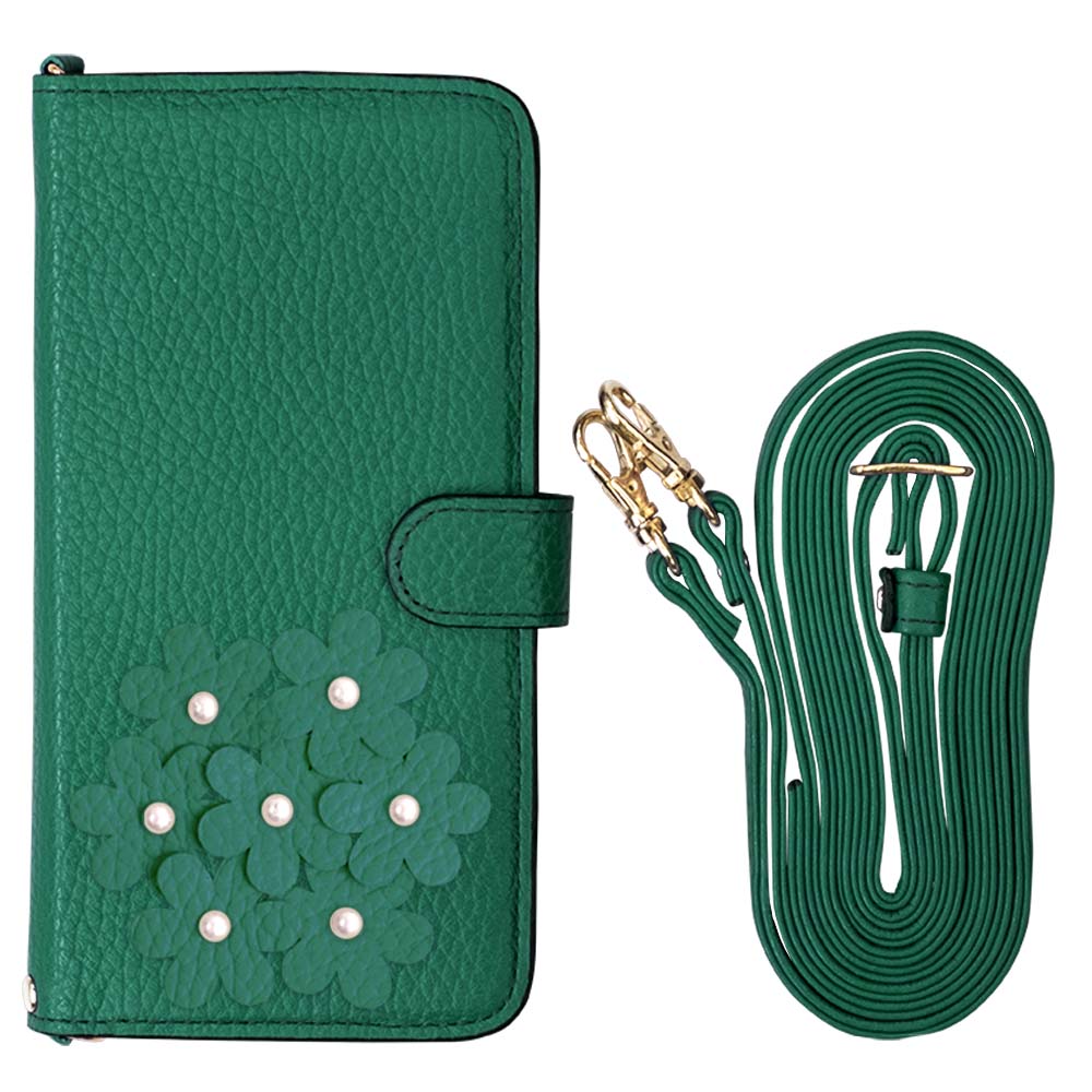 本革 32色 イタリアンシュリンクレザー あじさいモチーフ フラワーデコ ショルダーストラップ付き 手帳型ケース（ベルトあり）