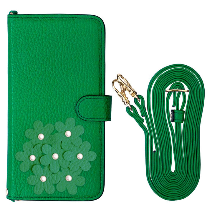 本革 32色 イタリアンシュリンクレザー あじさいモチーフ フラワーデコ ショルダーストラップ付き 手帳型ケース（ベルトあり）