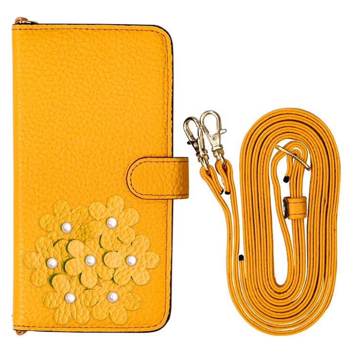 本革 32色 イタリアンシュリンクレザー あじさいモチーフ フラワーデコ ショルダーストラップ付き 手帳型ケース（ベルトあり）