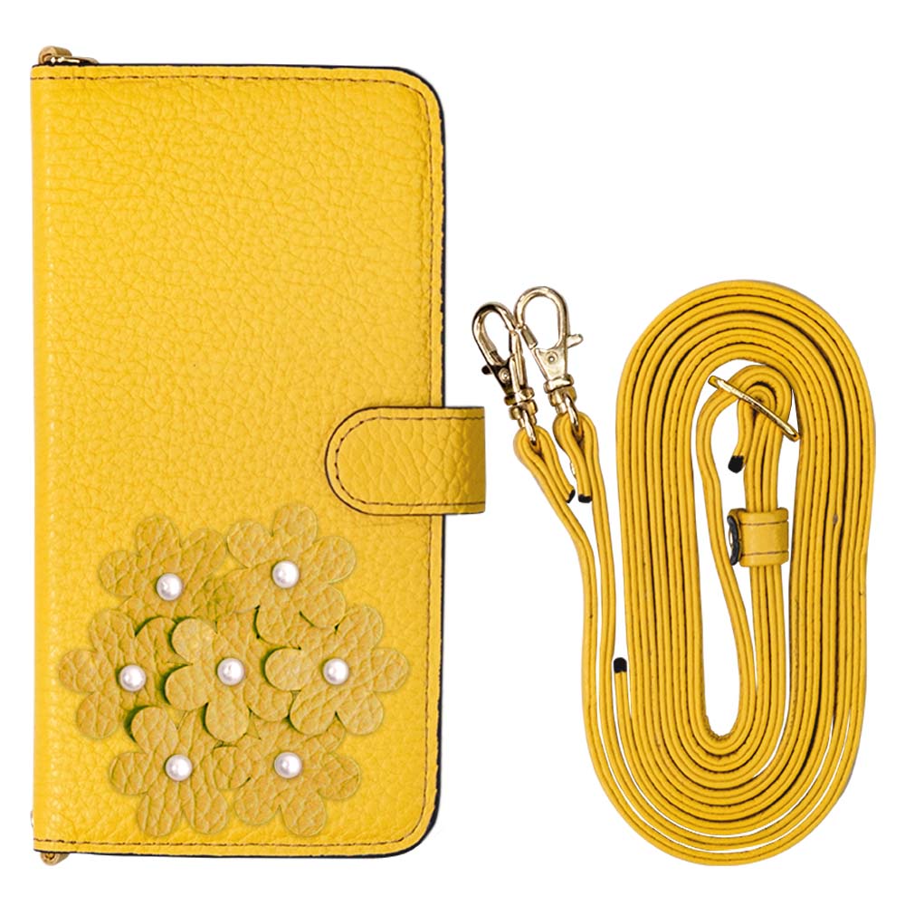 本革 32色 イタリアンシュリンクレザー あじさいモチーフ フラワーデコ ショルダーストラップ付き 手帳型ケース（ベルトあり）