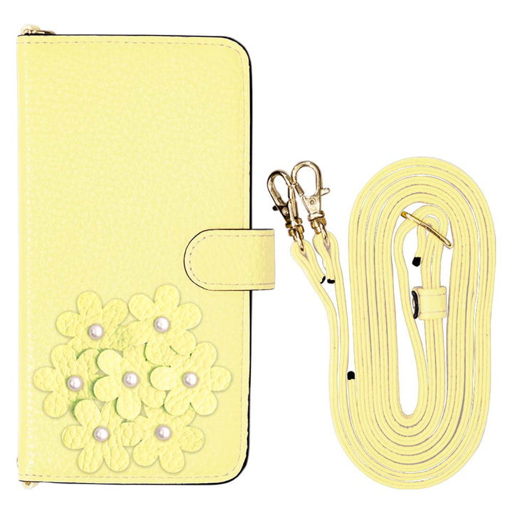 本革 32色 イタリアンシュリンクレザー あじさいモチーフ フラワーデコ ショルダーストラップ付き 手帳型ケース（ベルトあり）