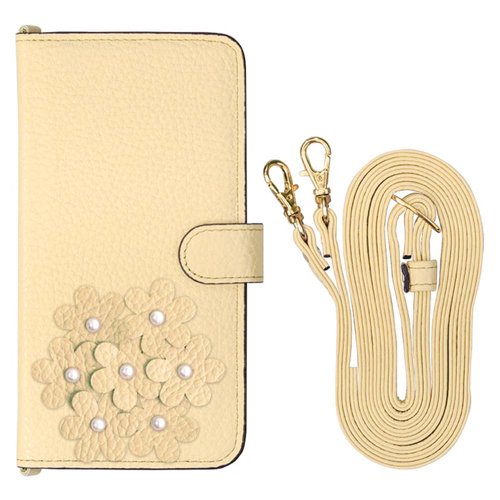 本革 32色 イタリアンシュリンクレザー あじさいモチーフ フラワーデコ ショルダーストラップ付き 手帳型ケース（ベルトあり）