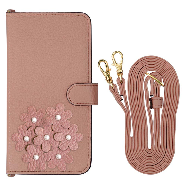 本革 32色 イタリアンシュリンクレザー あじさいモチーフ フラワーデコ ショルダーストラップ付き 手帳型ケース（ベルトあり）