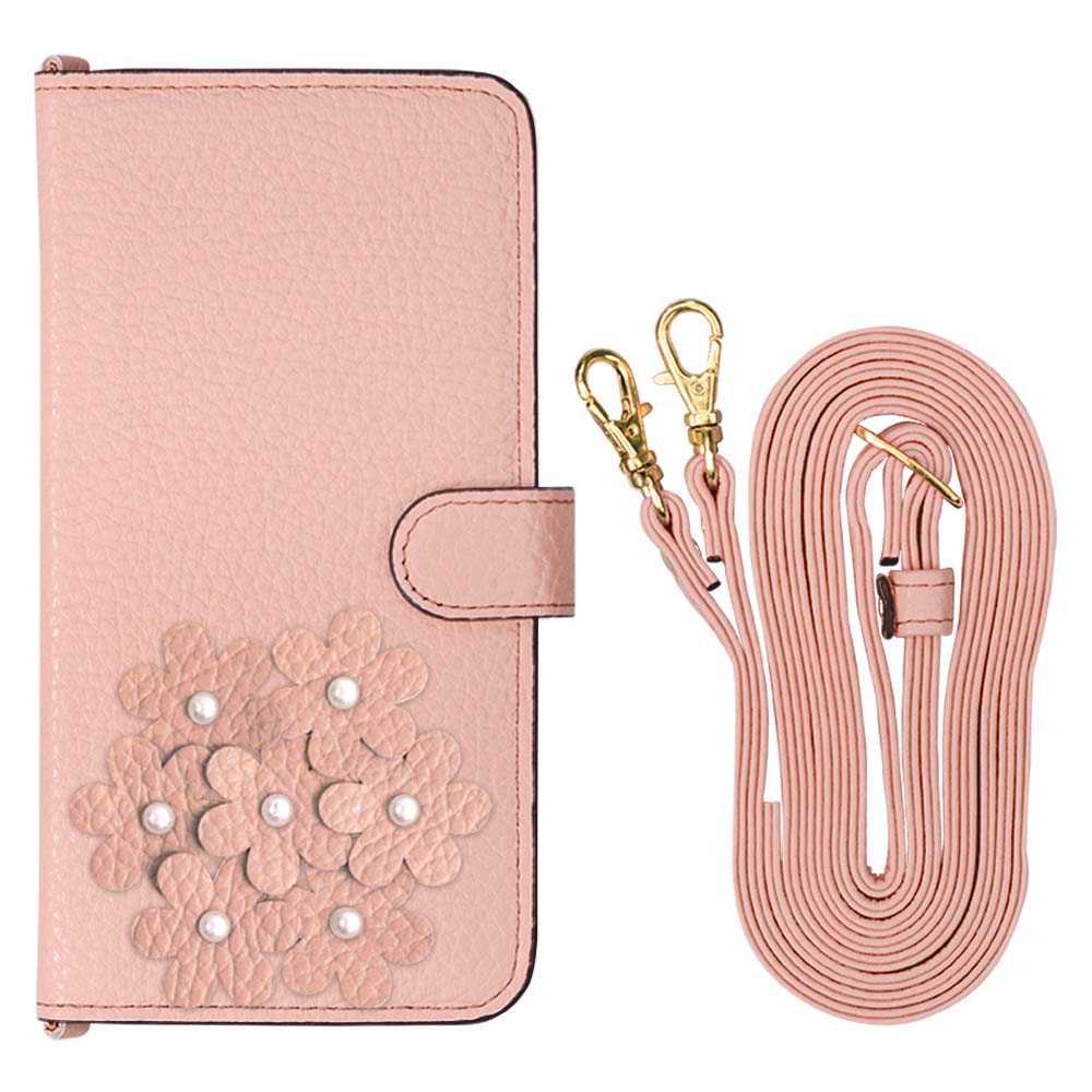 本革 32色 イタリアンシュリンクレザー あじさいモチーフ フラワーデコ ショルダーストラップ付き 手帳型ケース（ベルトあり）