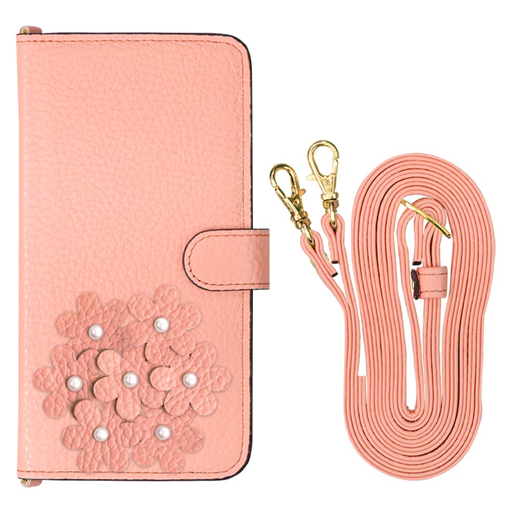 本革 32色 イタリアンシュリンクレザー あじさいモチーフ フラワーデコ ショルダーストラップ付き 手帳型ケース（ベルトあり）