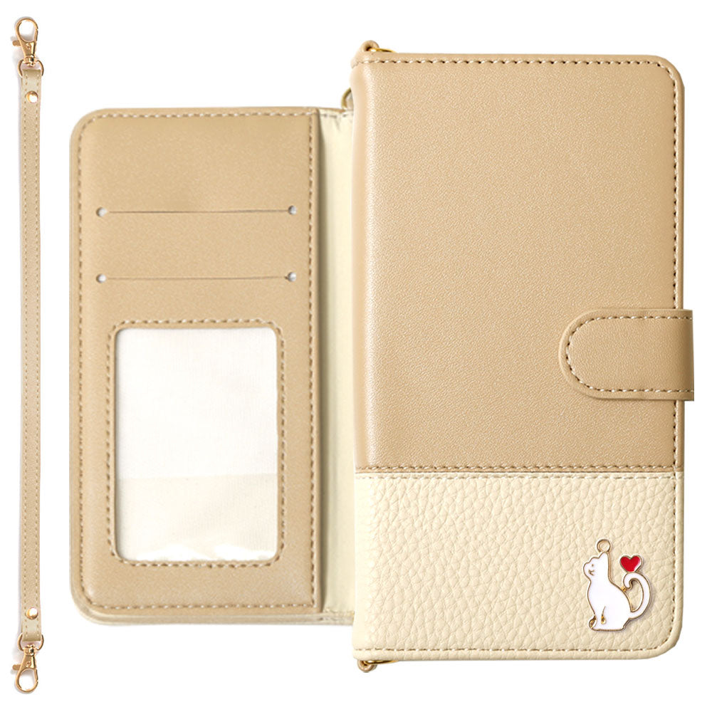 Étui portefeuille avec sangle, en cuir végan bicolore avec décoration cœur chat (avec ceinture) pour la série Google Pixel