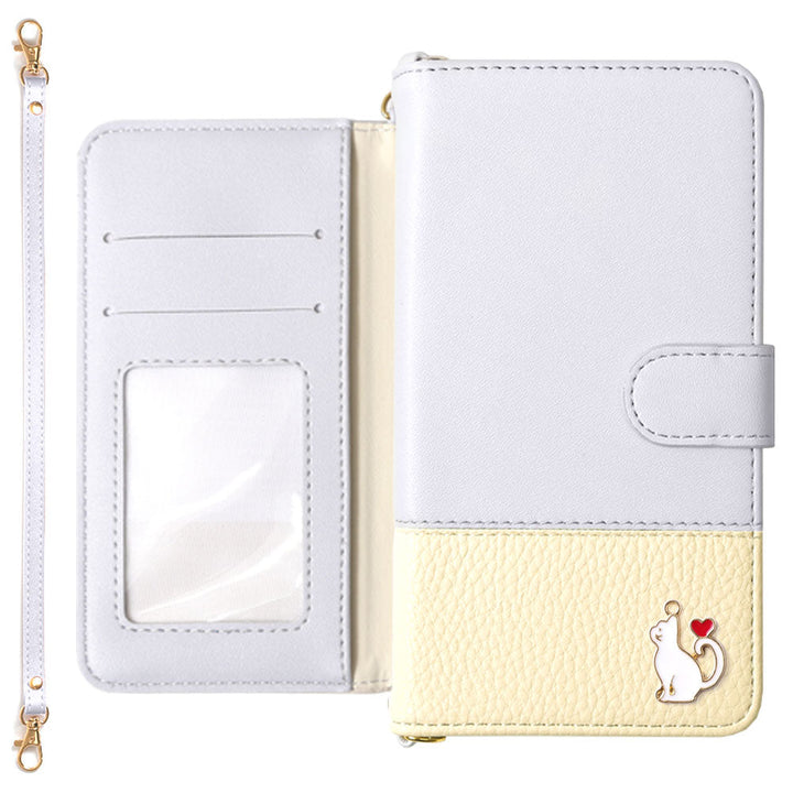 Étui portefeuille avec sangle, en cuir végan bicolore avec décoration cœur chat (avec ceinture) pour la série Google Pixel