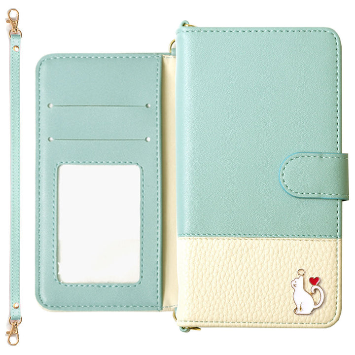 Vegan leather bicolor heart cat deco strap attached notebook type case (with belt) iPhone series
