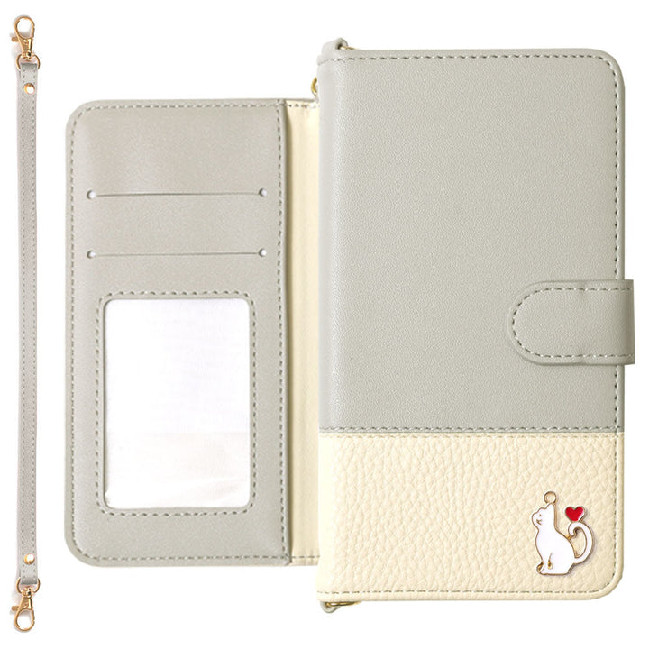 Vegan leather bicolor heart cat deco strap attached notebook type case (with belt) iPhone series