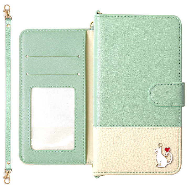 Vegan leather bicolor heart cat deco strap attached notebook type case (with belt) iPhone series