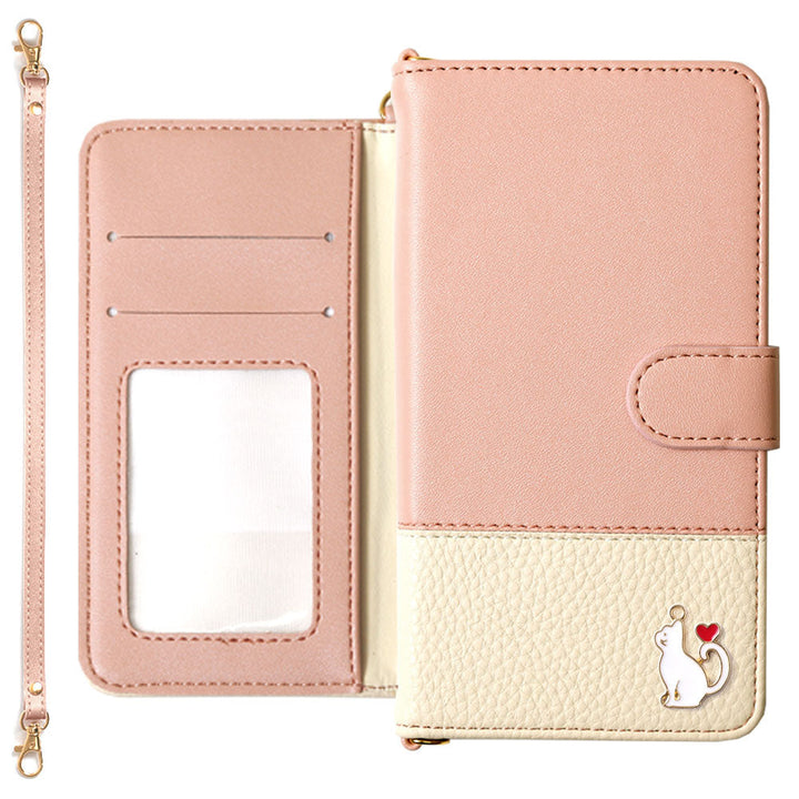 Étui portefeuille avec sangle, en cuir végan bicolore avec décoration cœur chat (avec ceinture) pour la série Google Pixel