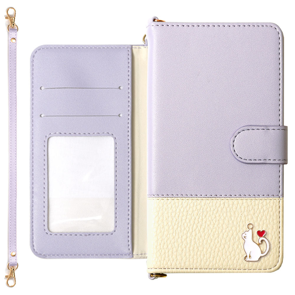 Étui portefeuille avec sangle, en cuir végan bicolore avec décoration cœur chat (avec ceinture) pour la série Google Pixel