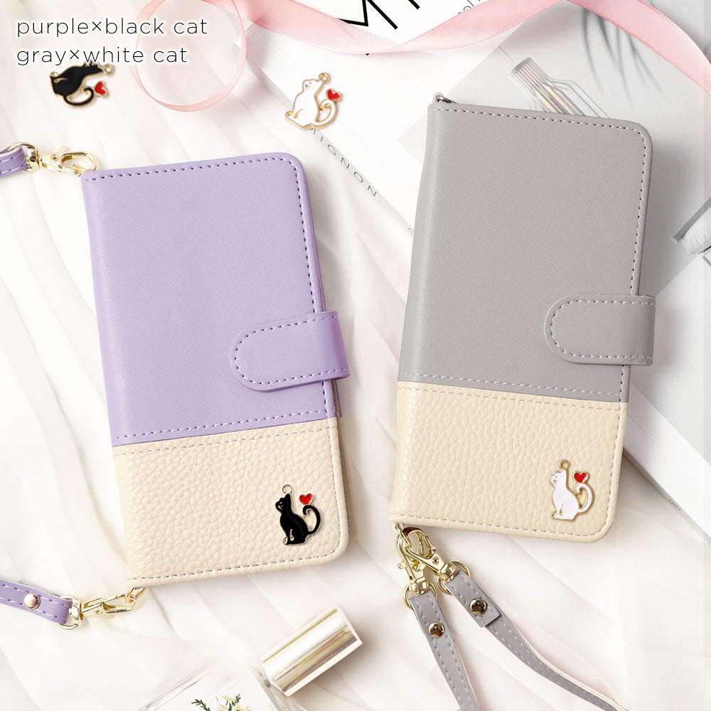 Vegan leather bicolor heart cat deco strap attached notebook type case (with belt) iPhone series