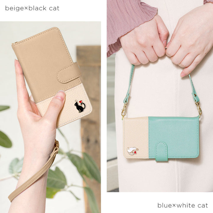 Vegan leather bicolor heart cat deco strap attached notebook type case (with belt) iPhone series