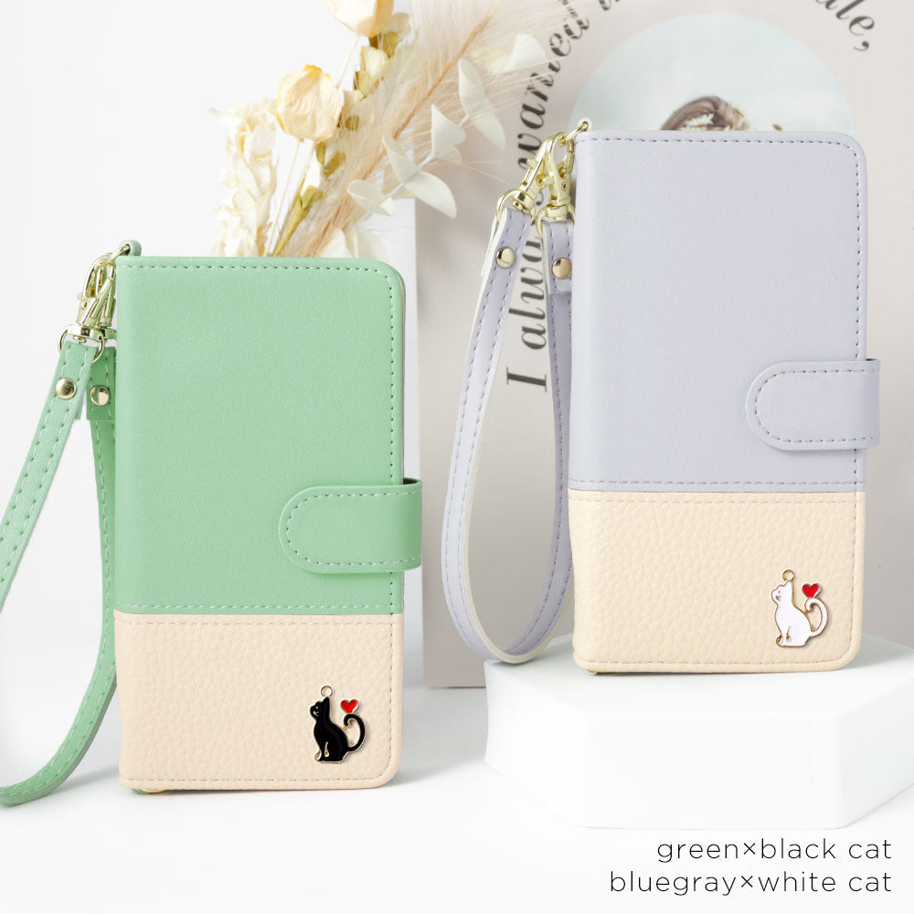 ヴィーガンレザー バイカラー ハートキャットデコ ストラップ付き 手帳型ケース（ベルトあり）Xperiaシリーズ