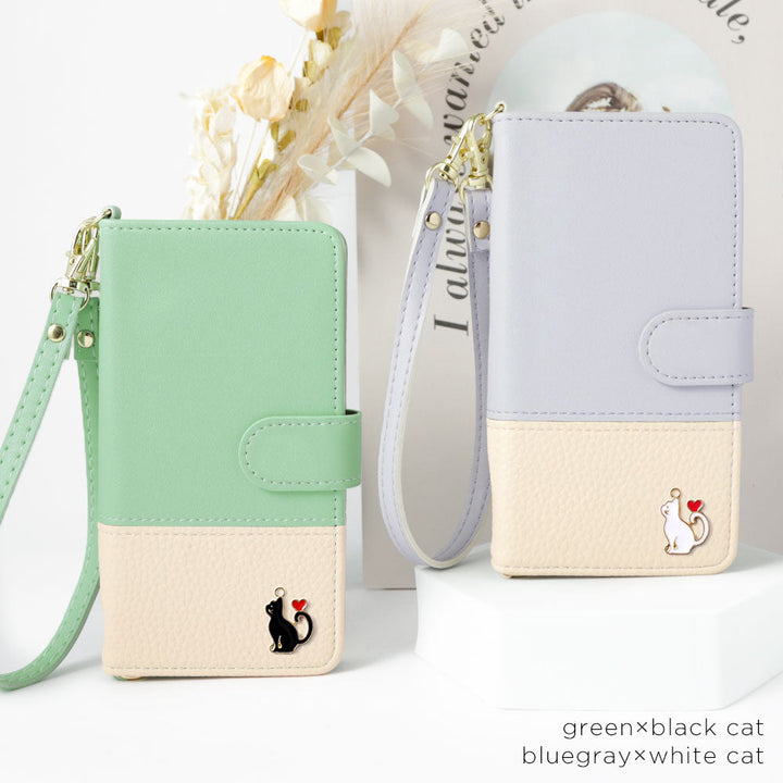 Vegan leather bicolor heart cat deco strap attached notebook type case (with belt) iPhone series