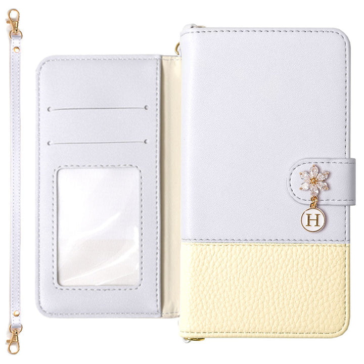 ヴィーガンレザー バイカラー フラワーイニシャルチャーム ストラップ付き 手帳型ケース（ベルトあり）