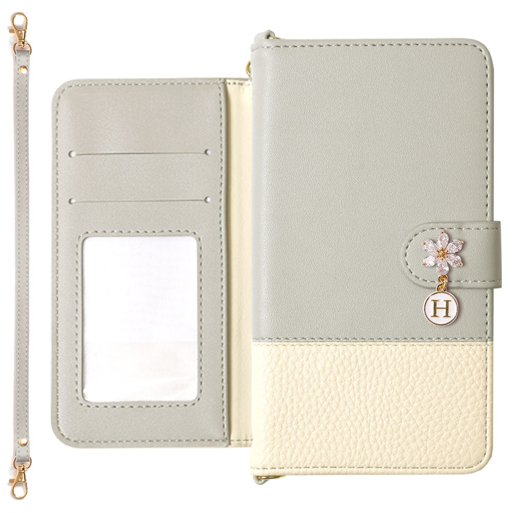 ヴィーガンレザー バイカラー フラワーイニシャルチャーム ストラップ付き 手帳型ケース（ベルトあり）