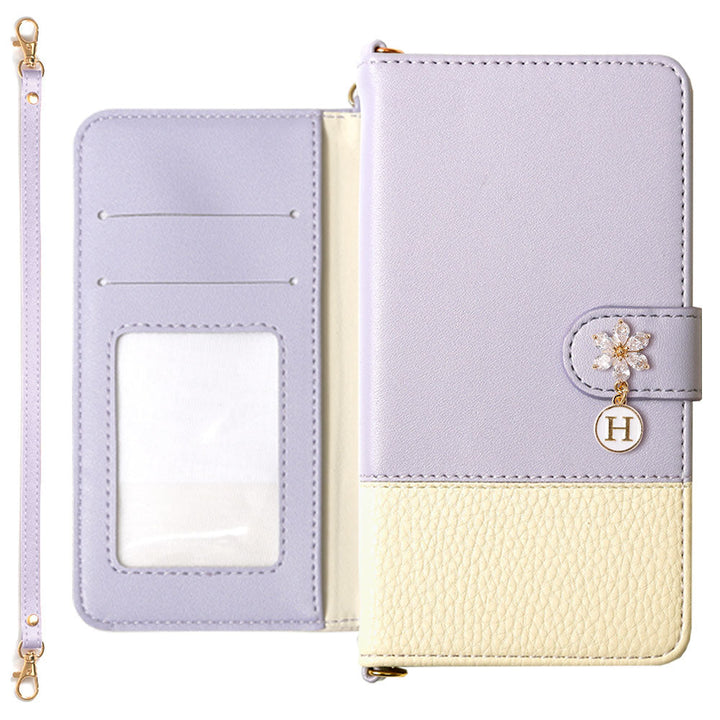 ヴィーガンレザー バイカラー フラワーイニシャルチャーム ストラップ付き 手帳型ケース（ベルトあり）
