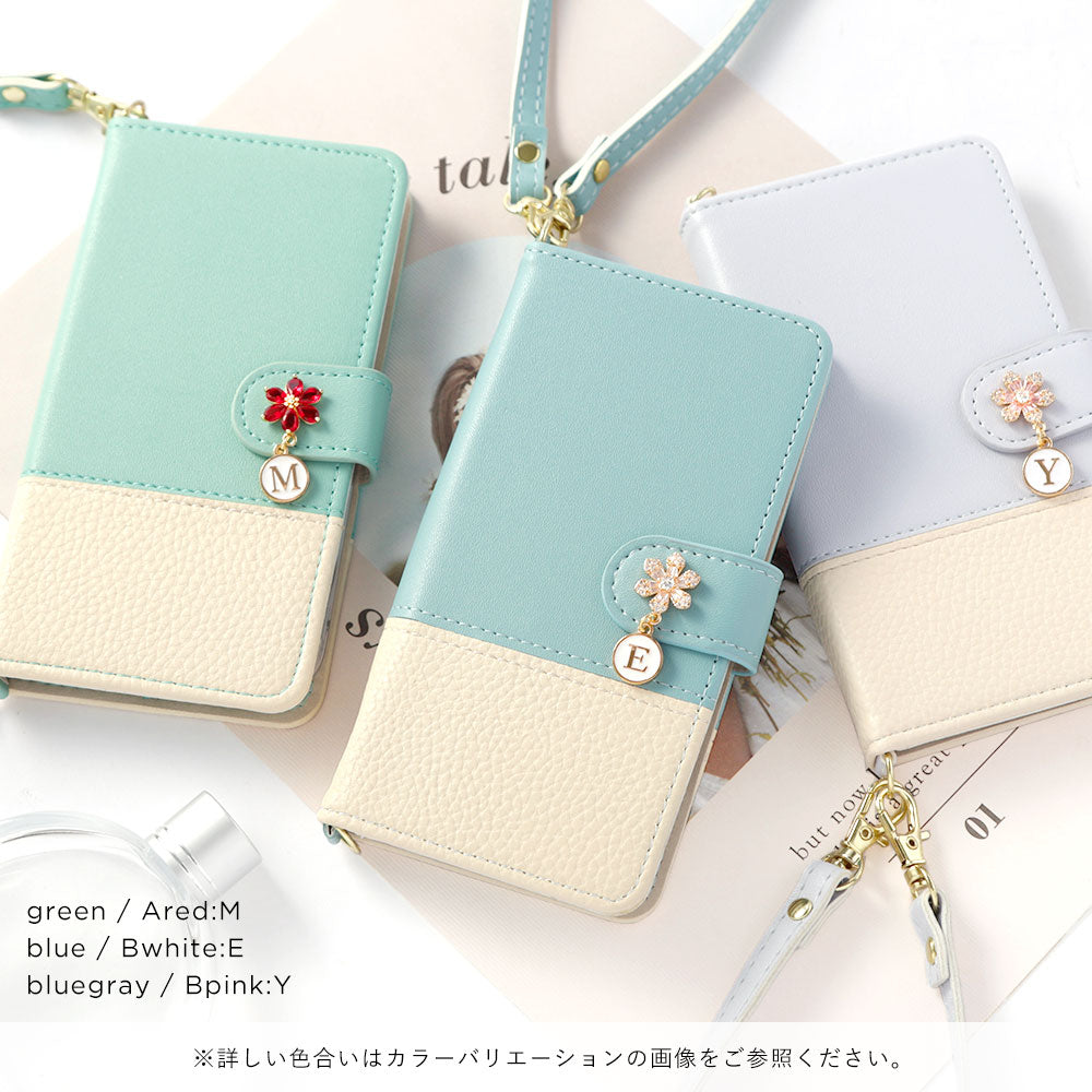 ヴィーガンレザー バイカラー フラワーイニシャルチャーム ストラップ付き 手帳型ケース（ベルトあり）
